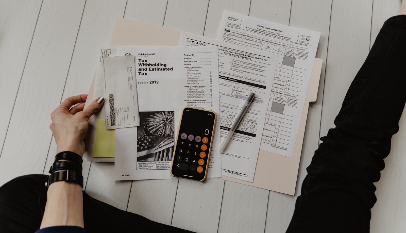 Calculator and tax paperwork